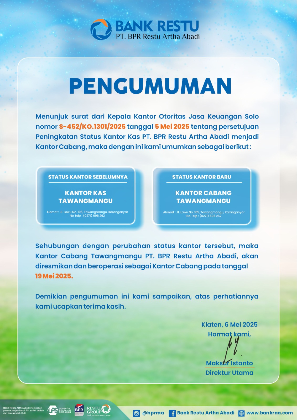 PENGUMUMAN PERUBAHAN STATUS KANTOR TWM